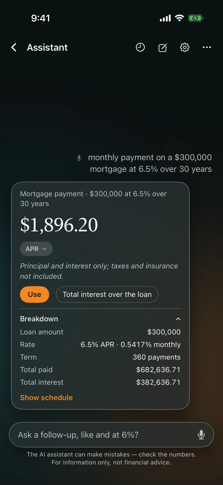 Glass skin, dark: a mortgage answer card showing $1,896.20 under its reading, with Breakdown open.