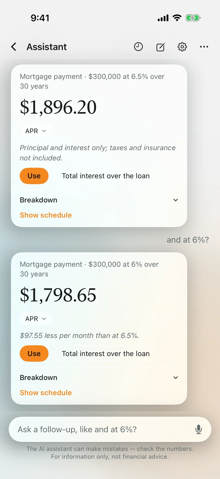 Two answer cards in a thread: $1,896.20 at 6.5%, then a follow-up 'and at 6%?' giving $1,798.65, noted as $97.55 less per month.