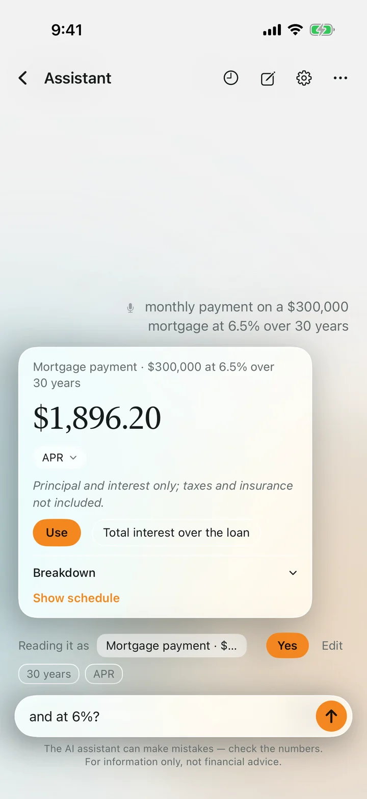 The assistant's conversation page: an answer card for a $300,000 mortgage at 6.5% over 30 years, $1,896.20 a month, under the reading of the question.