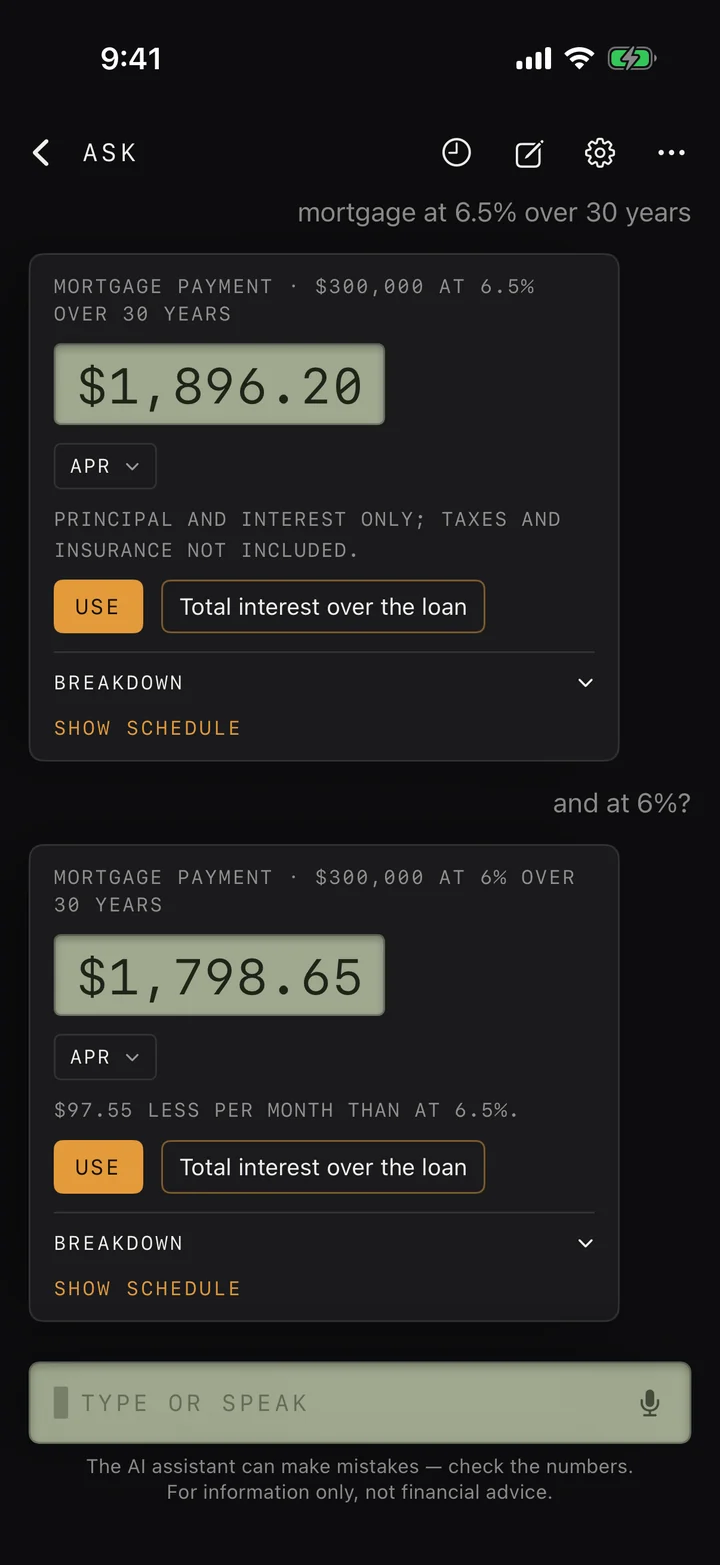 Vintage skin, dark: the mortgage answer and an "and at 6%?" follow-up, $1,896.20 then $1,798.65, each printed on an LCD well in monospaced type.