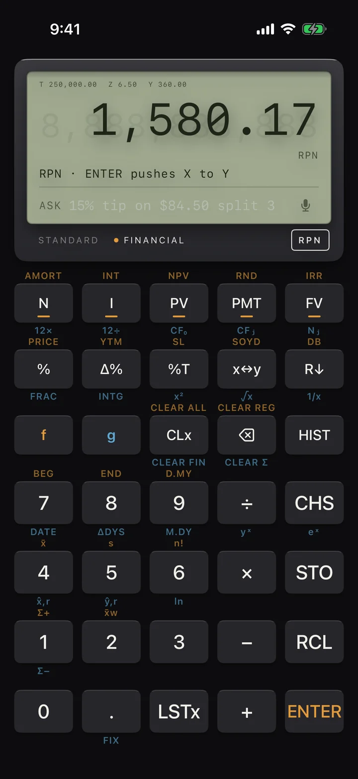 Vintage in Financial mode with RPN entry and the stack showing.