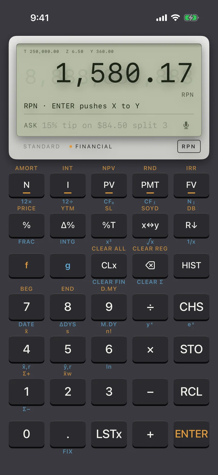 Vintage skin in Financial mode with RPN entry: 1,580.17 on the LCD with the T, Z and Y registers above it, the TVM keys N, I, PV, PMT and FV, and printed f and g legends on every key.